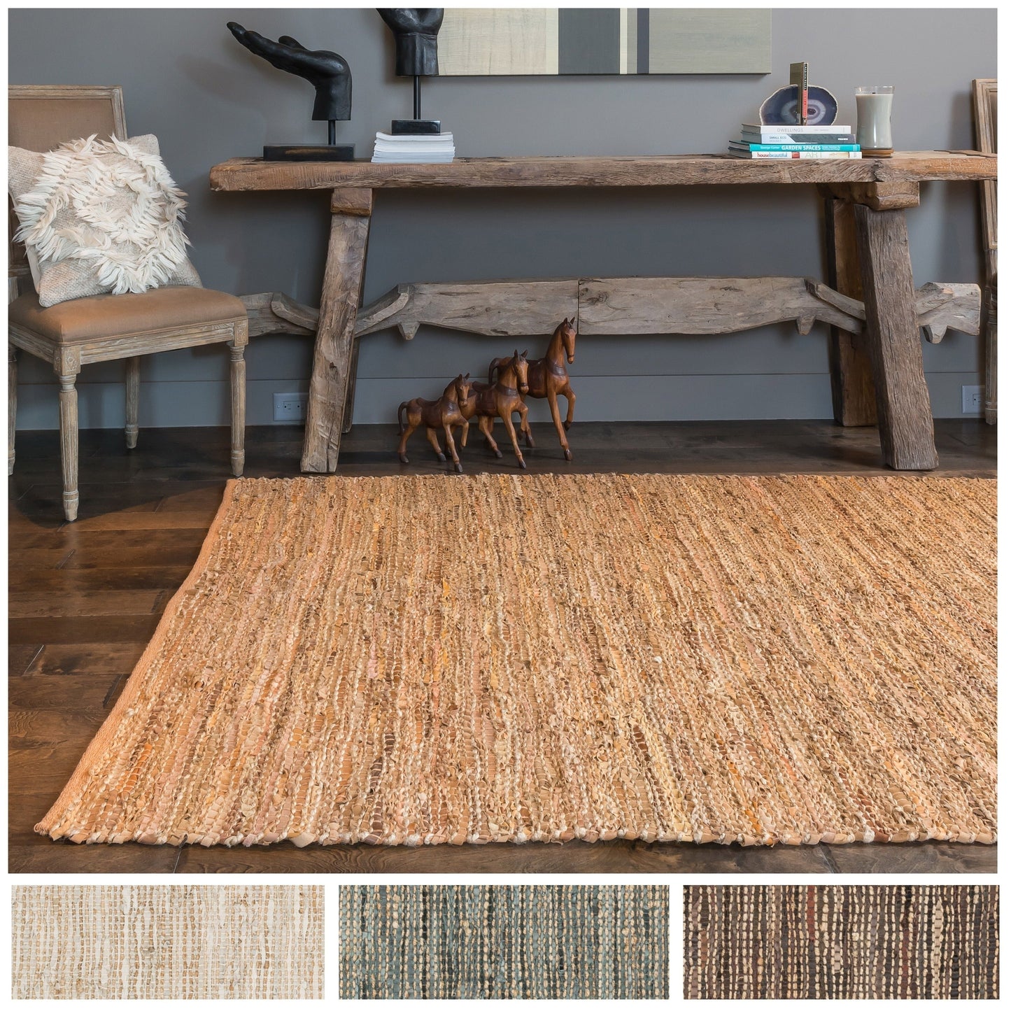 Tapis tissé à la main en jute et cuir Alexander Home Farmhouse