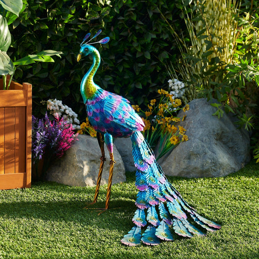 Statue de paon métallique d'extérieur de grande taille, multicolore, pour décoration de jardin