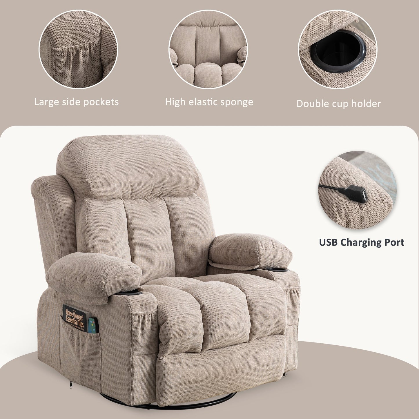 Fauteuil inclinable pivotant beige avec massage, chauffage et chargement USB