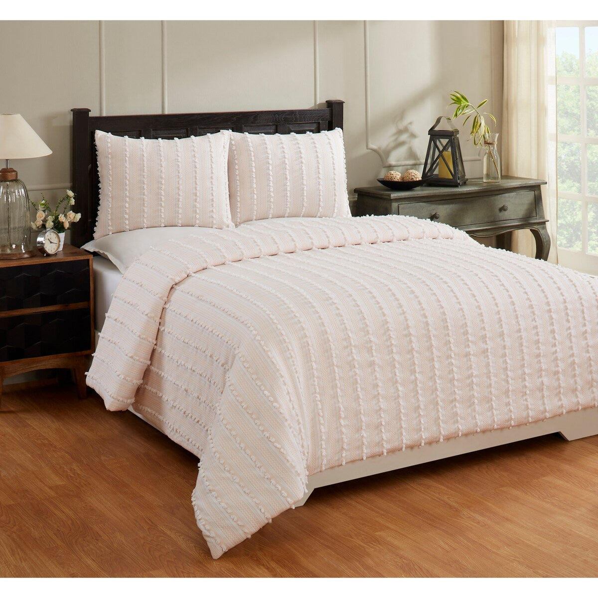 Parure de couette Angelique Better Trends 100 % coton touffeté doux en peluche chenille élégante à rayures lavable en machine et sèche-linge