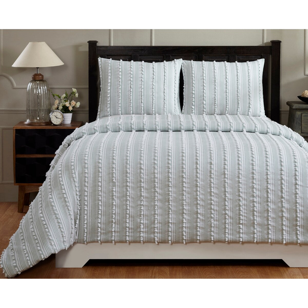 Parure de couette Angelique Better Trends 100 % coton touffeté doux en peluche chenille élégante à rayures lavable en machine et sèche-linge