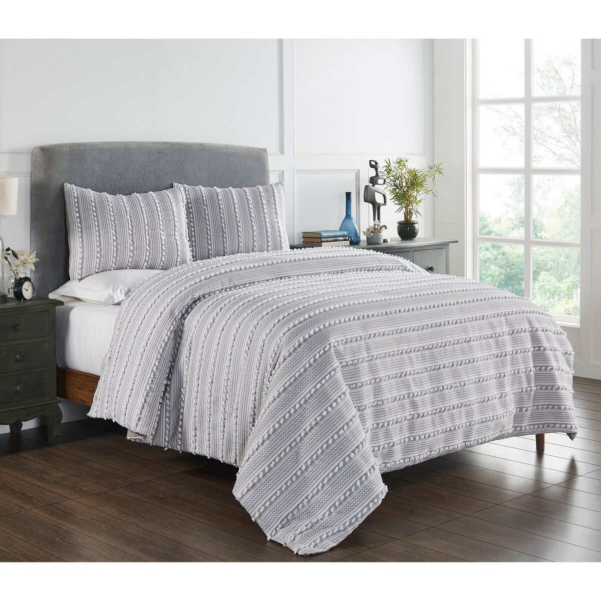 Parure de couette Angelique Better Trends 100 % coton touffeté doux en peluche chenille élégante à rayures lavable en machine et sèche-linge