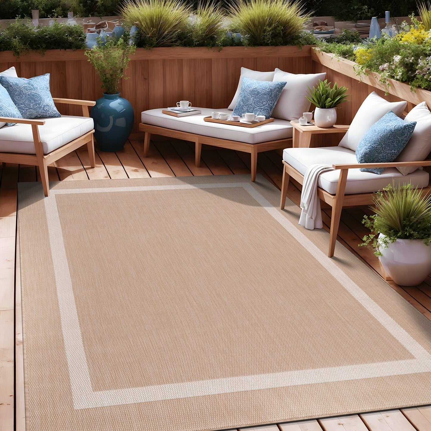 Tapis d'intérieur/extérieur moderne à bordures Beverly Rug, moquette d'extérieur pour patio, terrasse, porche