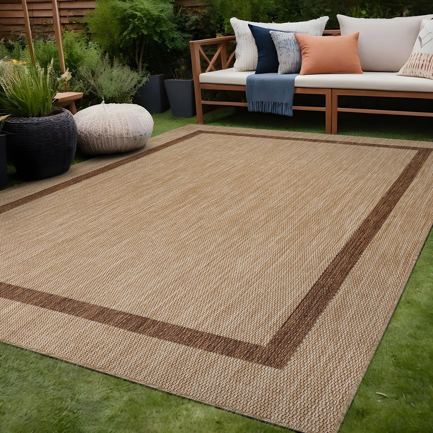 Tapis d'intérieur/extérieur moderne à bordures Beverly Rug, moquette d'extérieur pour patio, terrasse, porche