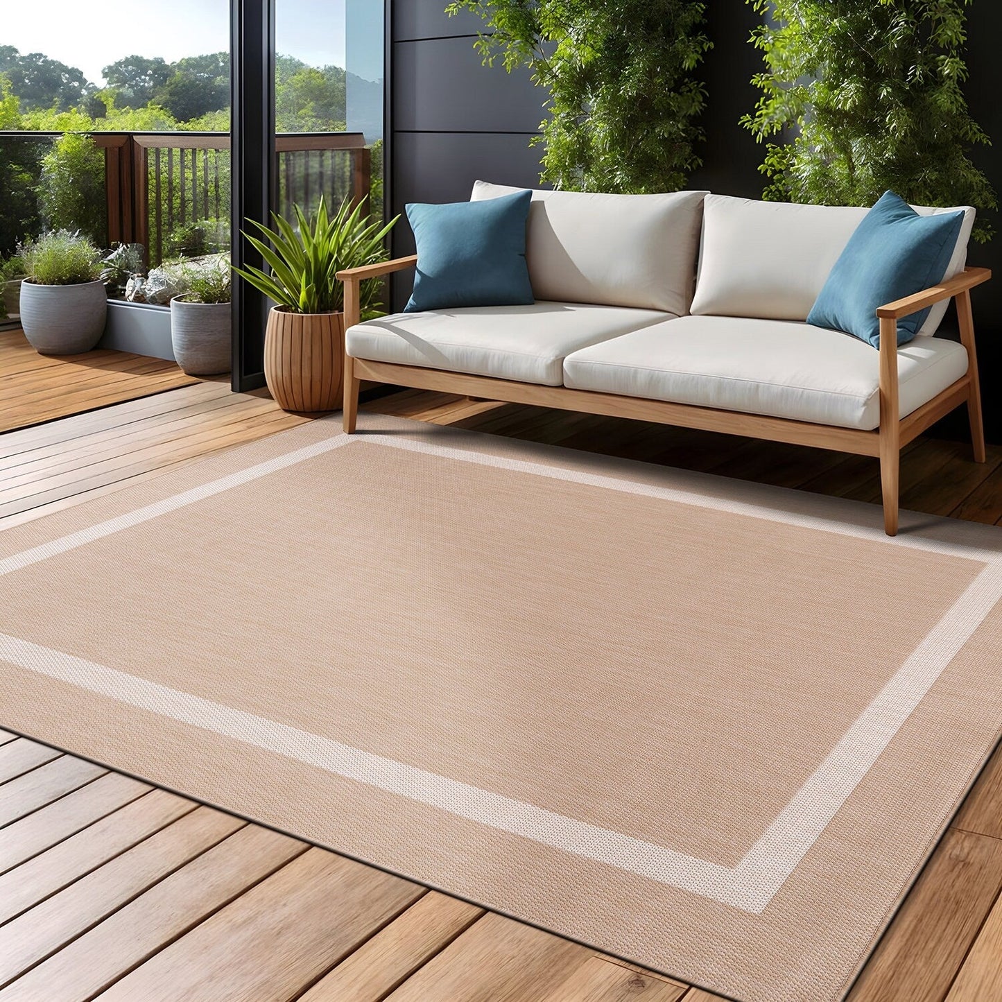 Tapis d'intérieur/extérieur moderne à bordures Beverly Rug, moquette d'extérieur pour patio, terrasse, porche
