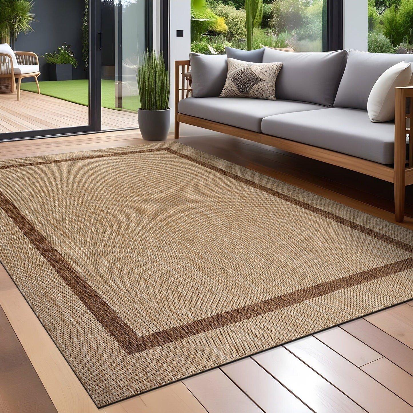Tapis d'intérieur/extérieur moderne à bordures Beverly Rug, moquette d'extérieur pour patio, terrasse, porche