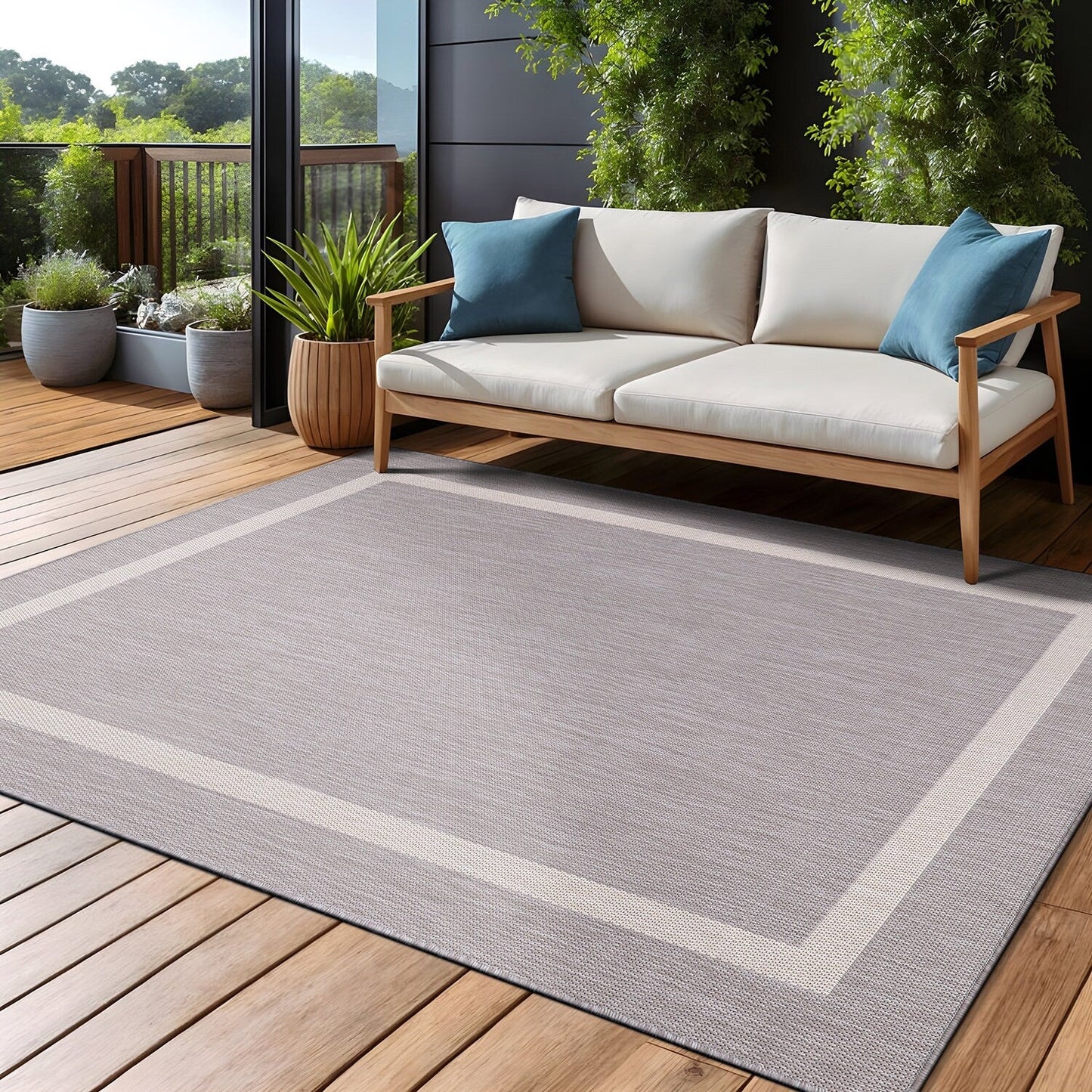 Tapis d'intérieur/extérieur moderne à bordures Beverly Rug, moquette d'extérieur pour patio, terrasse, porche
