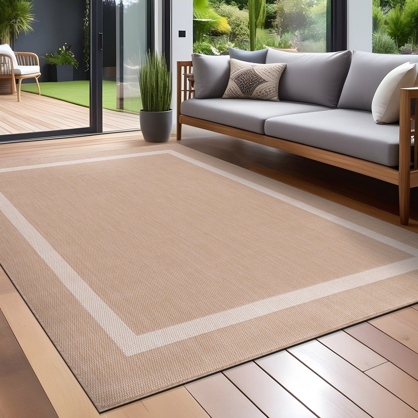 Tapis d'intérieur/extérieur moderne à bordures Beverly Rug, moquette d'extérieur pour patio, terrasse, porche