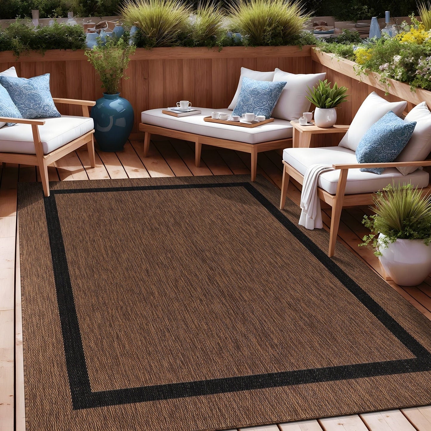 Tapis d'intérieur/extérieur moderne à bordures Beverly Rug, moquette d'extérieur pour patio, terrasse, porche