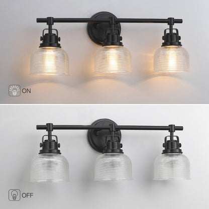 Applique murale de salle de bain noire avec abat-jour en verre prismatique transparent