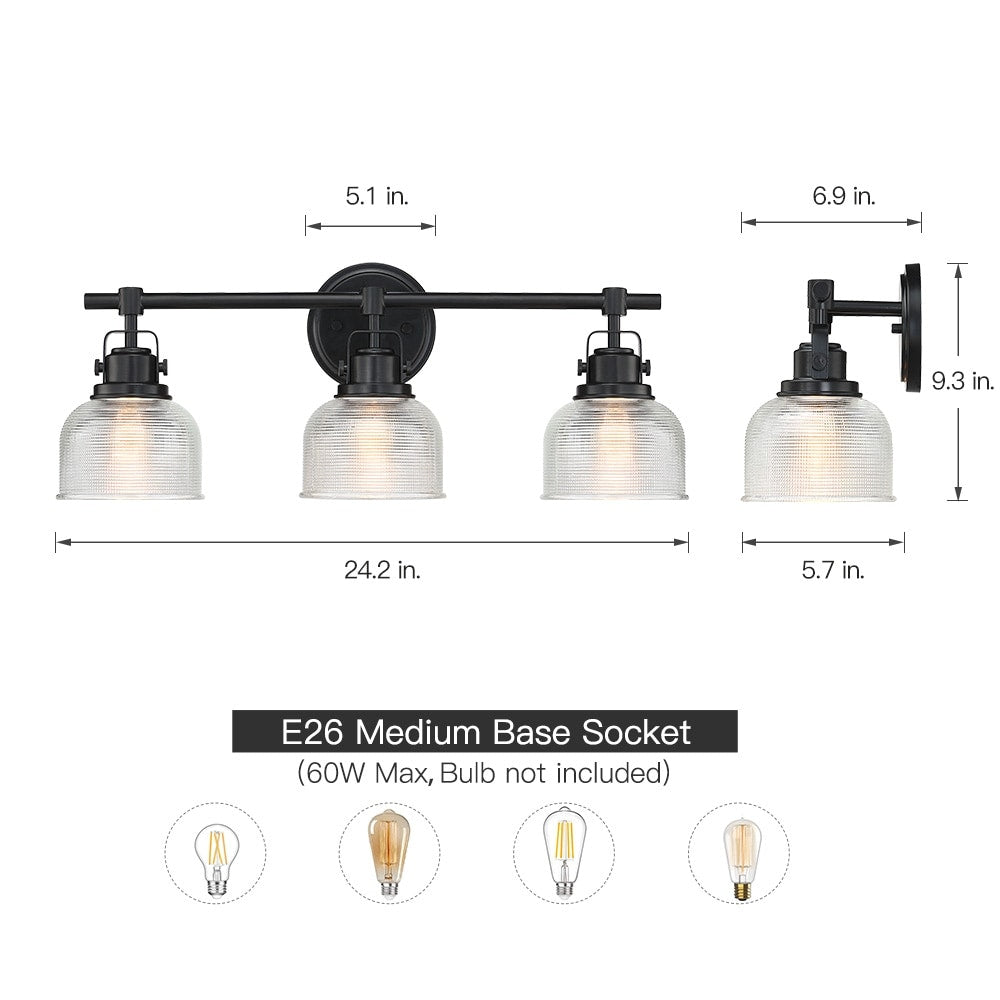 Applique murale de salle de bain noire avec abat-jour en verre prismatique transparent