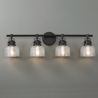 Applique murale de salle de bain noire avec abat-jour en verre prismatique transparent