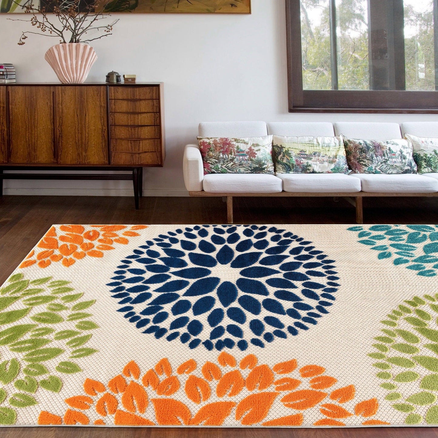 Tapis d'intérieur/extérieur Brescia Modern Floral Circles