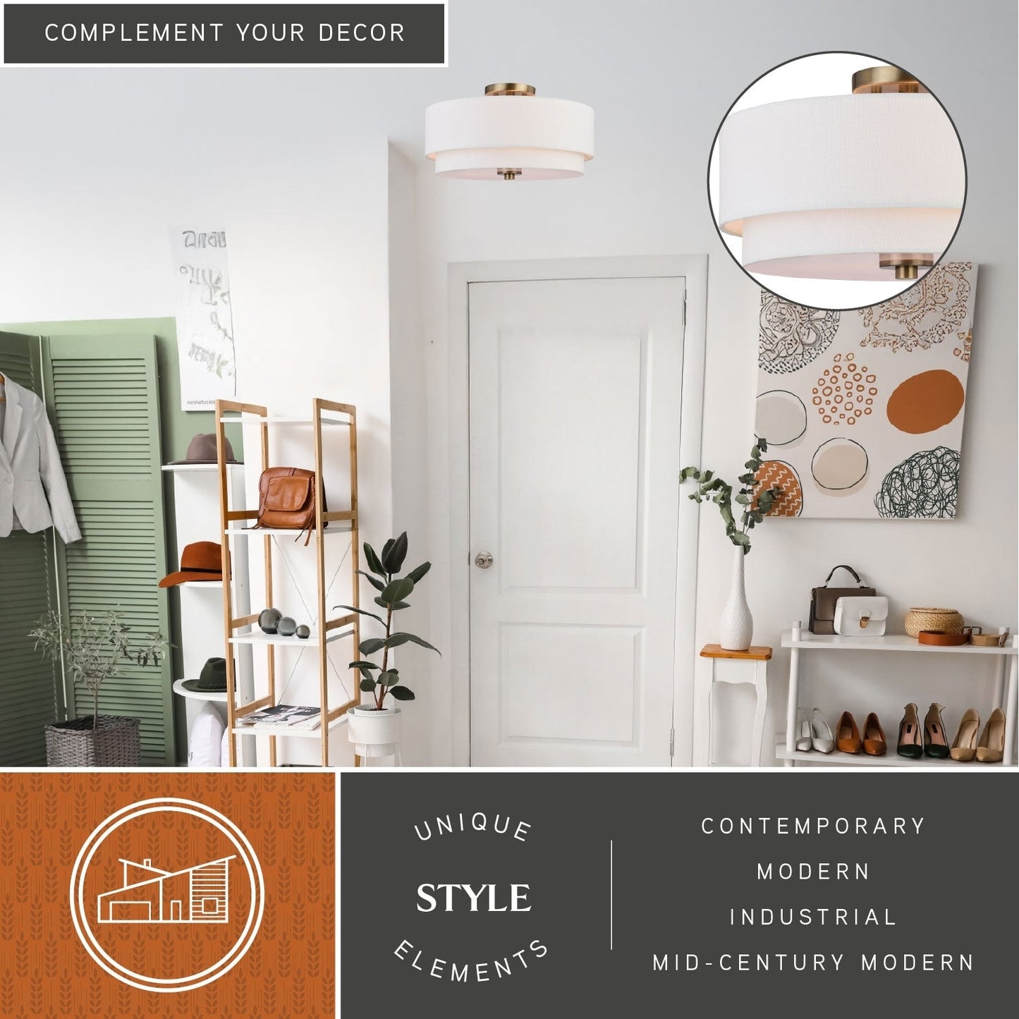 Plafonnier moderne du milieu du siècle de Burnaby avec abat-jour tambour en lin blanc