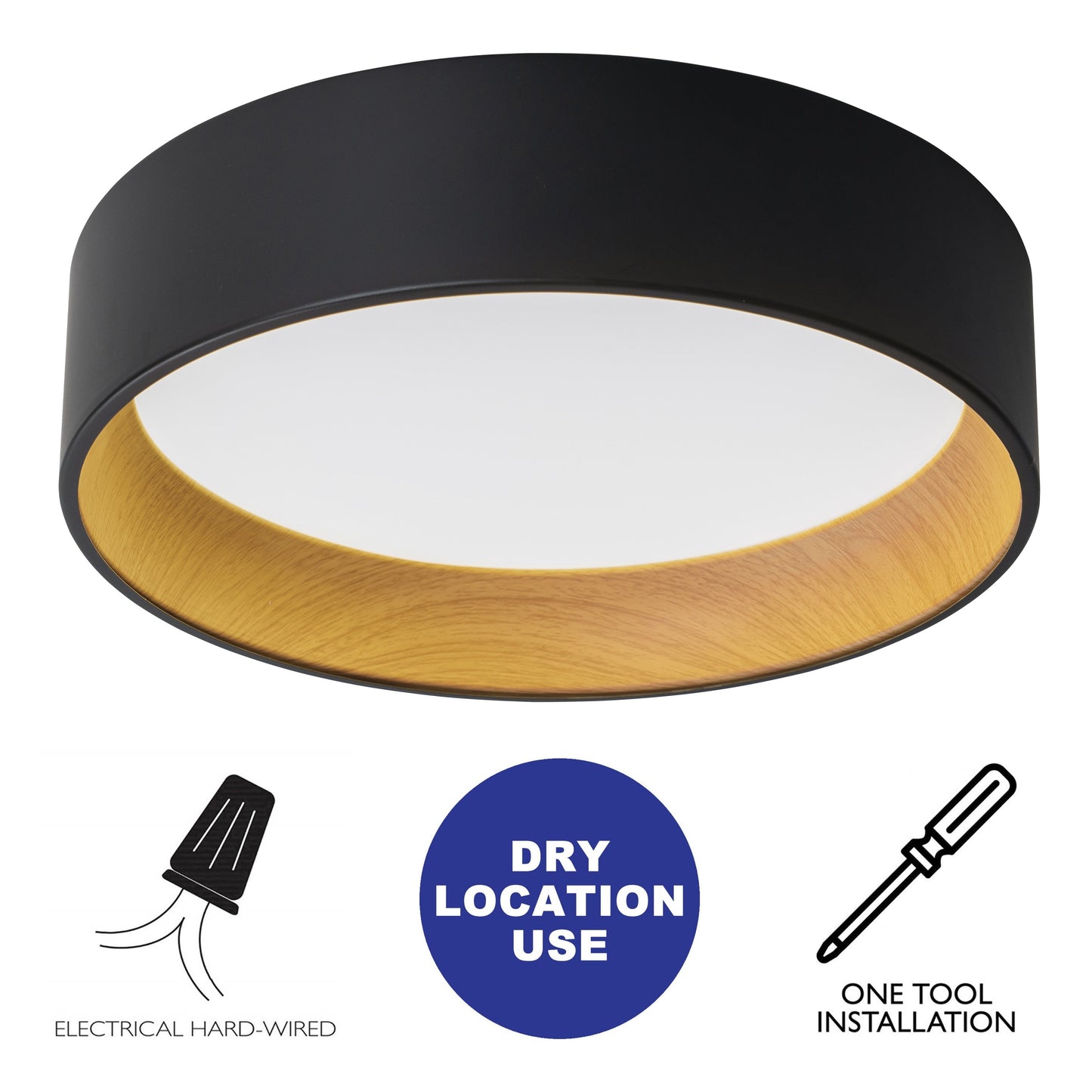 C Cattleya Black and Woodgrain 3CCT Integrated LED Flush Mount Ceiling Light