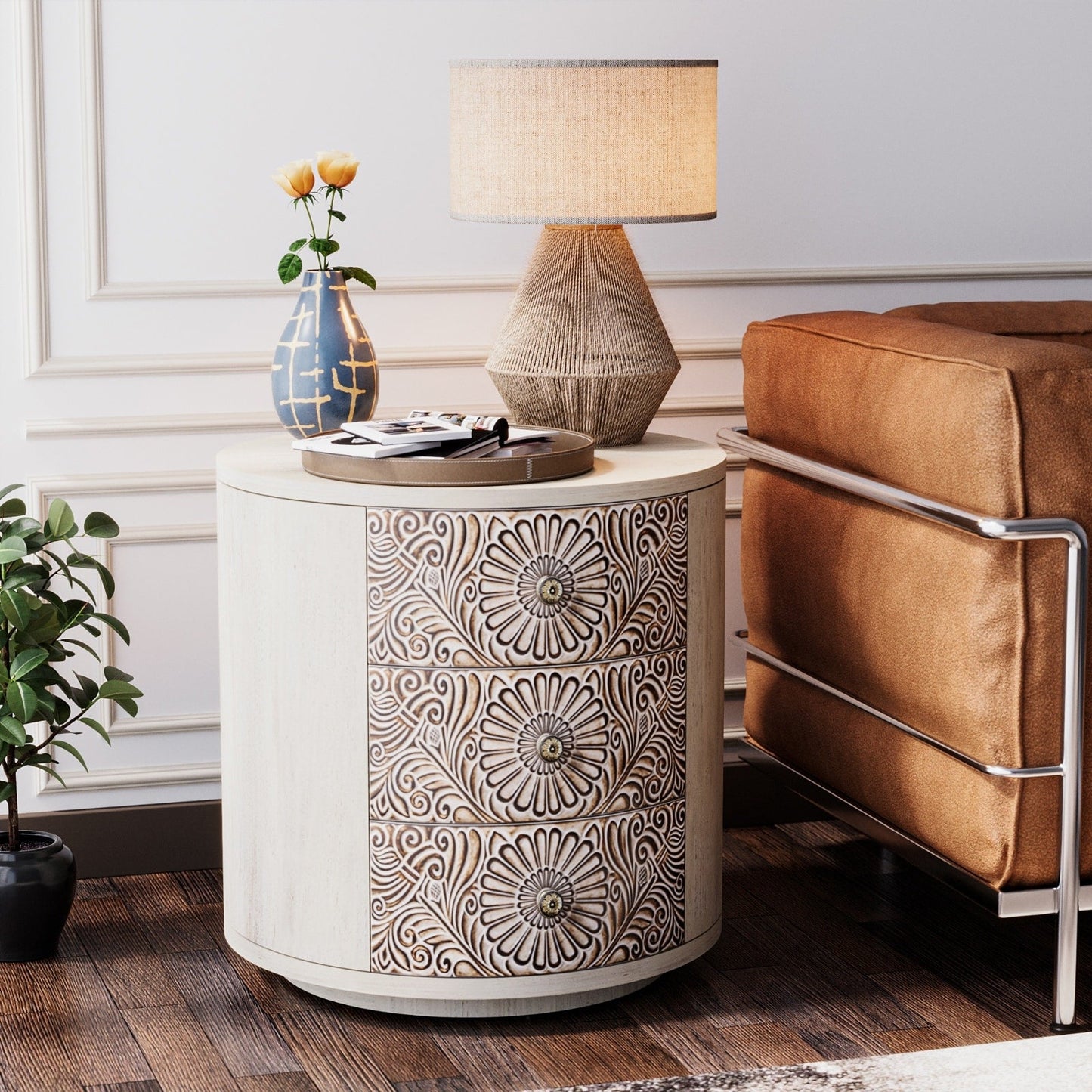 COSIEST Vintage Brown Pattern Solid Wood Nightstand with Drawers
