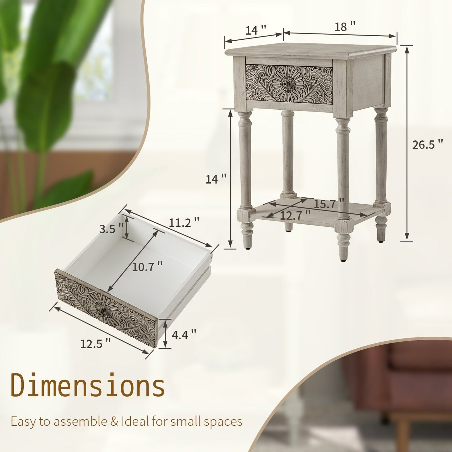 COSIEST Vintage Brown Pattern Solid Wood Nightstand with Drawers