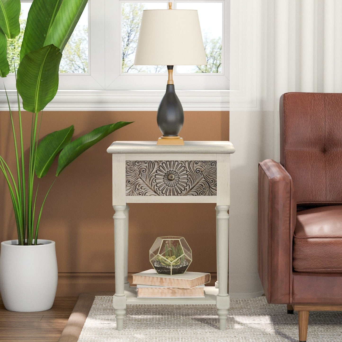 COSIEST Vintage Brown Pattern Solid Wood Nightstand with Drawers