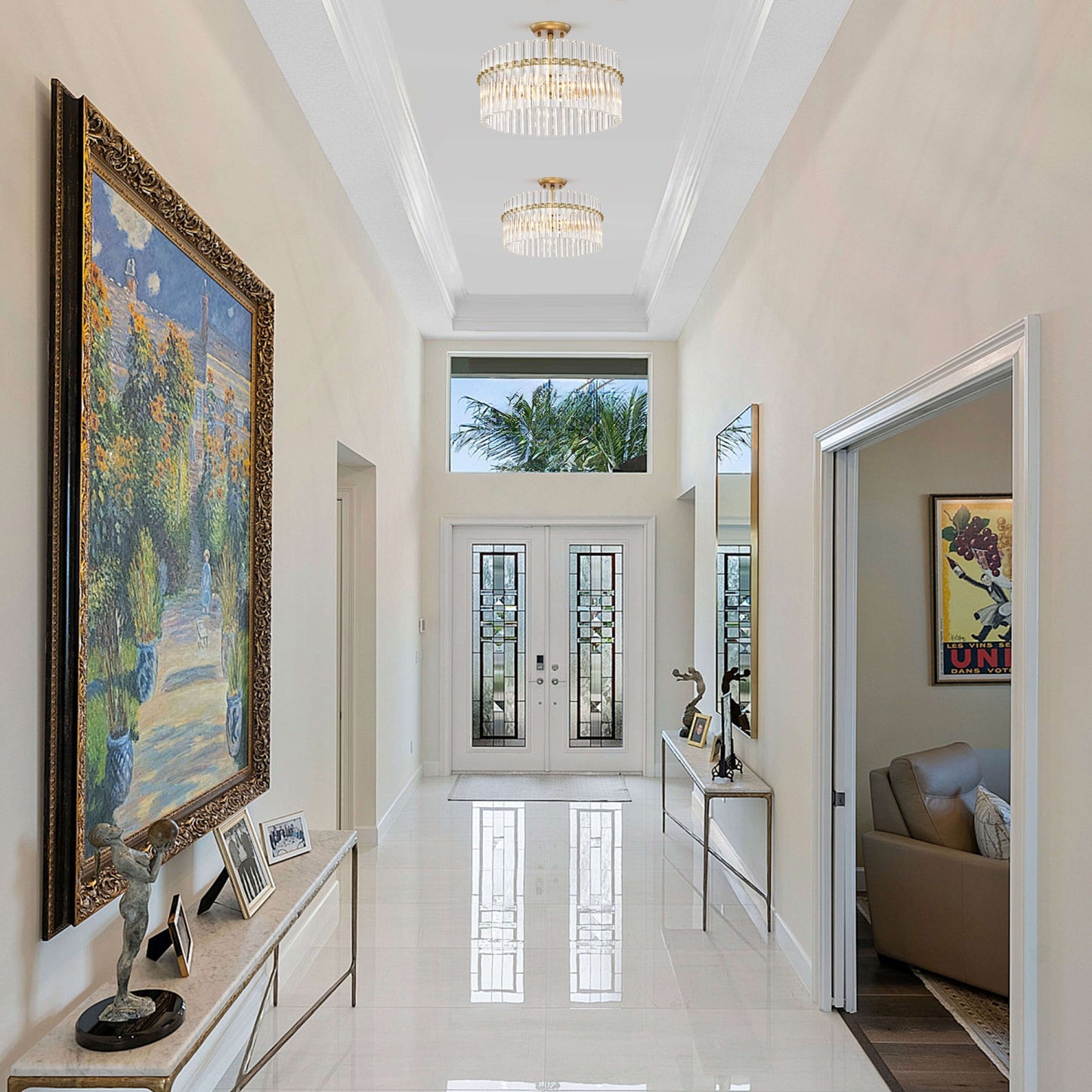 Plafonnier Casandra à 4 lumières en laiton brossé et cristal