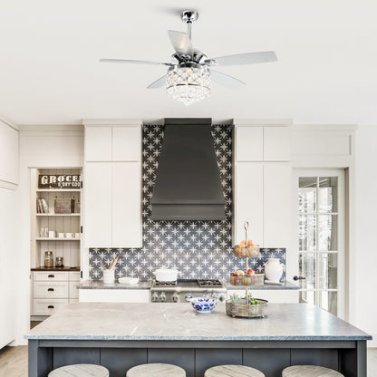 Lustre/ventilateur de plafond à 4 lumières en chrome/cristal avec télécommande