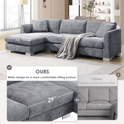 Cloud Sectional Sofa,L-Shaped Luxury Couch Set With 2 Free Pillows,4-Seat Chenille Indoor Furniture With Oversized Chaise
