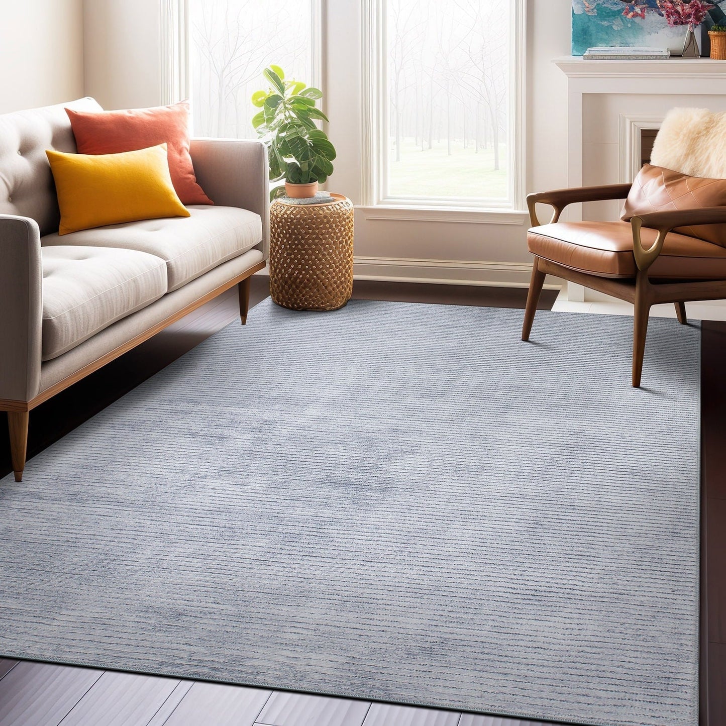 Tapis contemporain à rayures vieillies lavable en machine