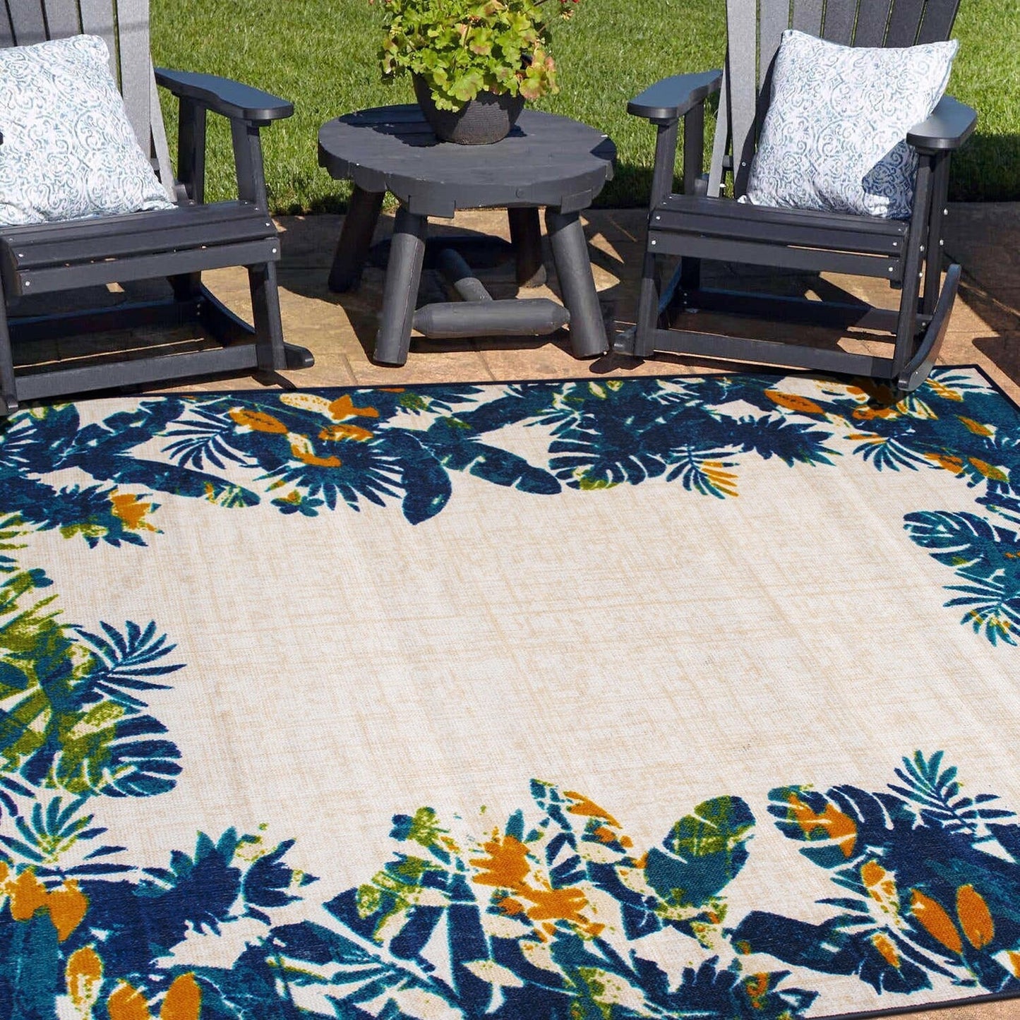Tapis d'intérieur/extérieur à bordure florale contemporaine
