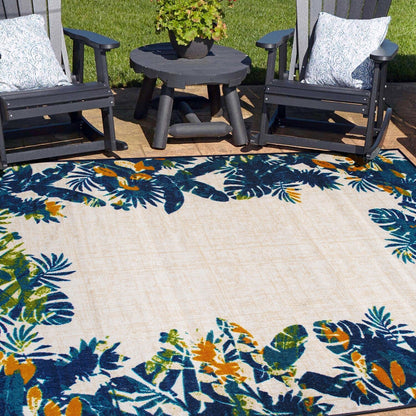 Tapis d'intérieur/extérieur à bordure florale contemporaine