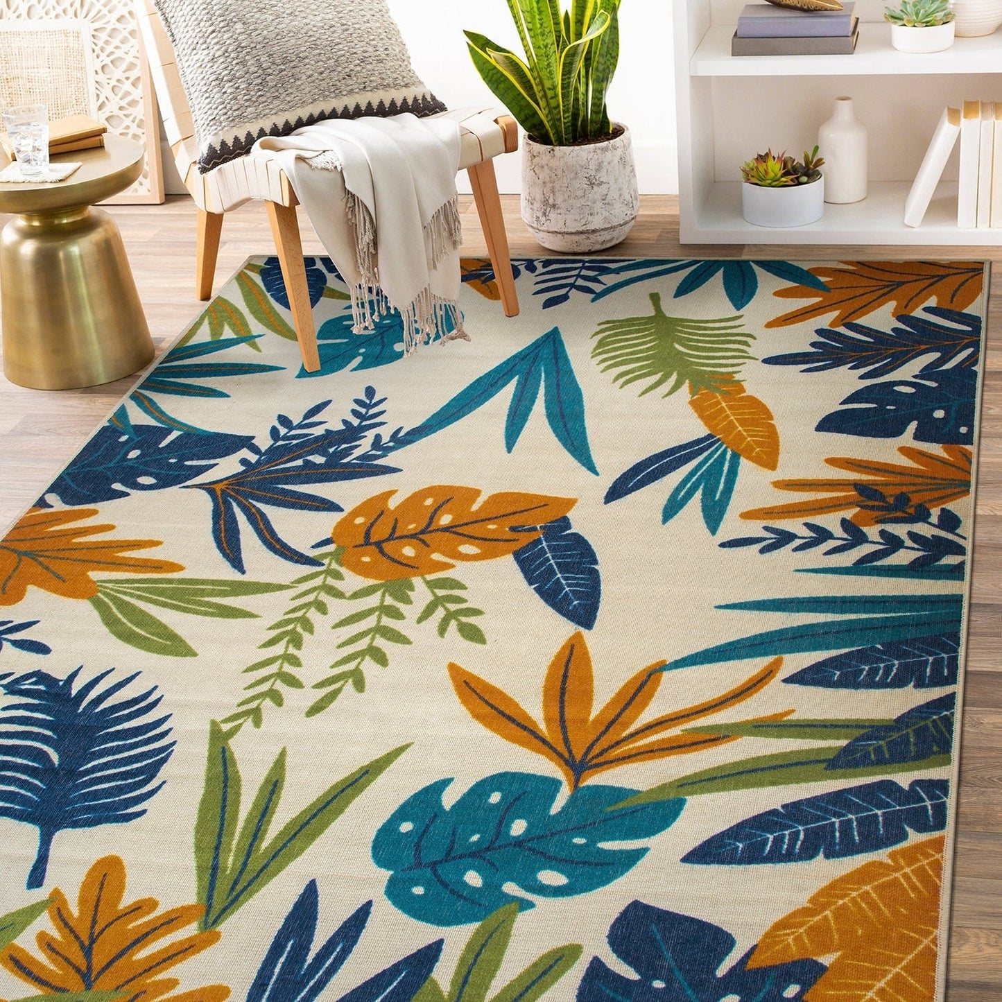 Tapis d'intérieur/extérieur à feuilles florales contemporaines
