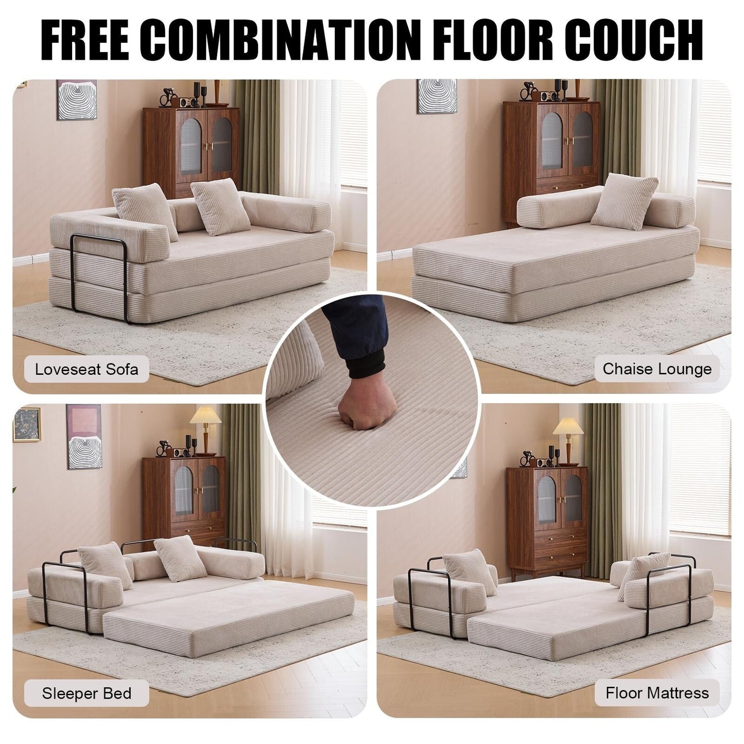 Convertible Floor Sofa Bed with Pillow Back Chenille Fabric for Living Room Bedroom