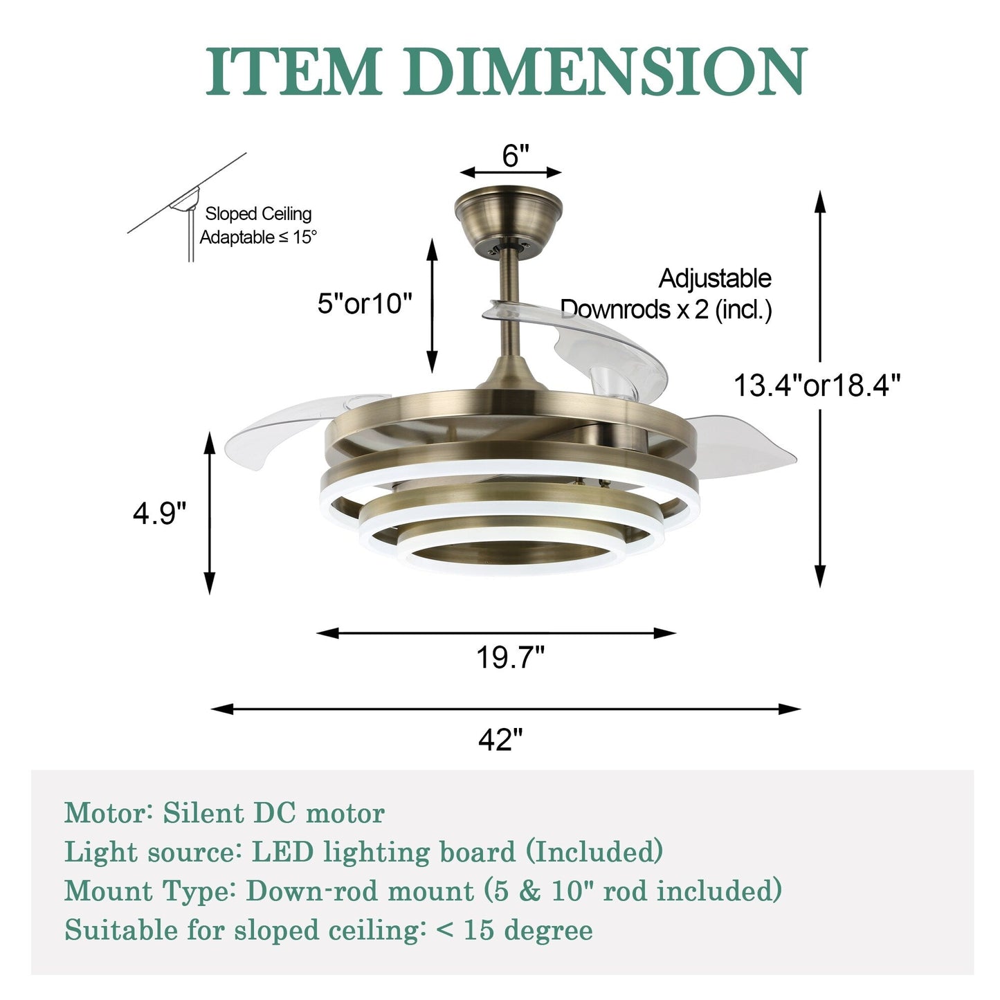 Ventilateur de plafond rétractable Cusp Barn 42 avec lumières et télécommande DIY Forme Fandelier Moderne Silencieux Moteur CC Plafonnier LED