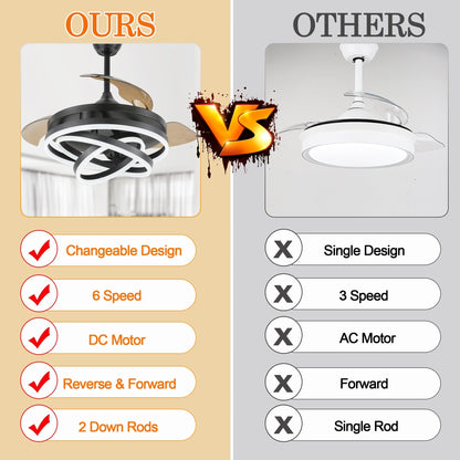Ventilateur de plafond rétractable Cusp Barn 42 avec lumières et télécommande DIY Forme Fandelier Moderne Silencieux Moteur CC Plafonnier LED