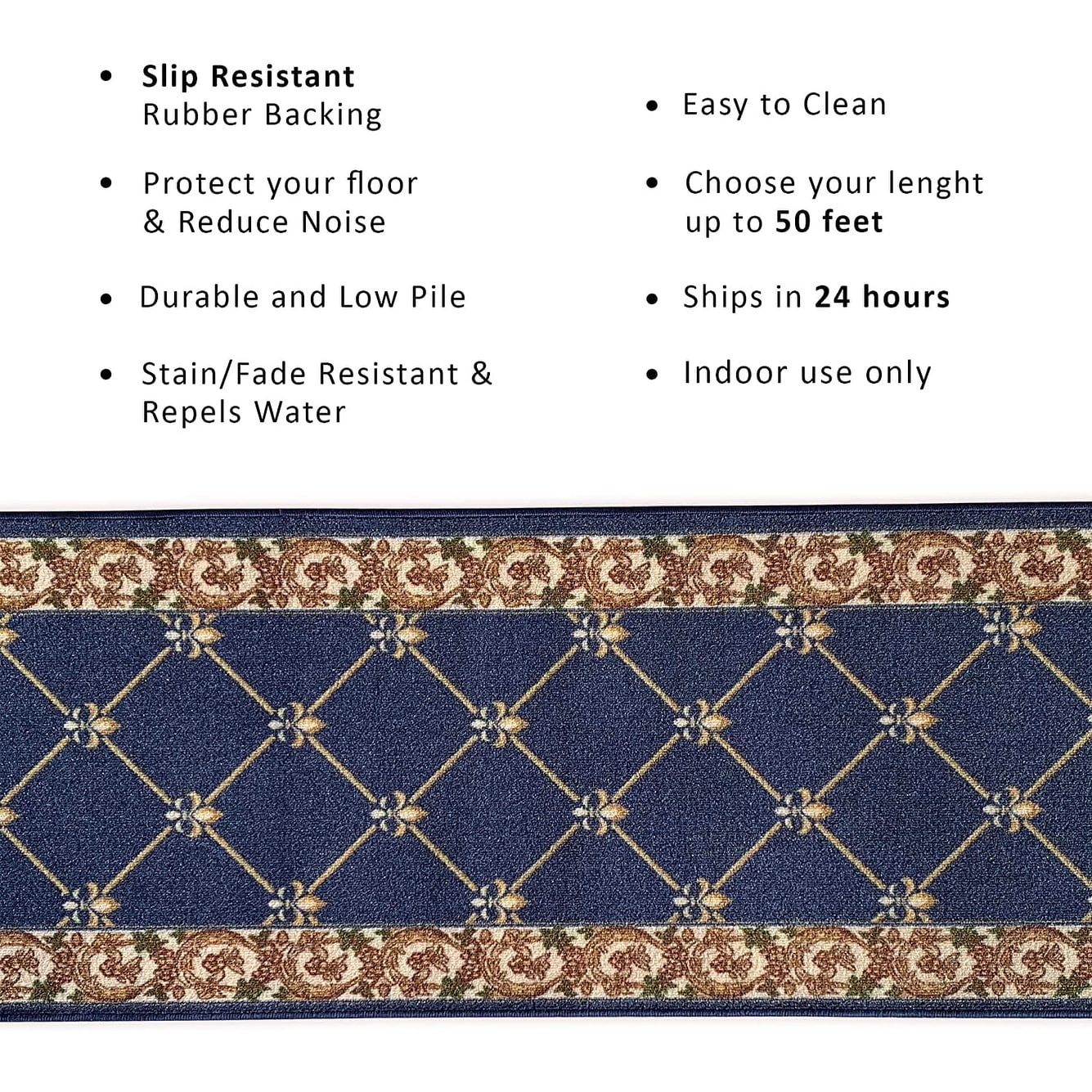 Custom Size Fleur De Lis 26 Inch Wide Non-Slip Stair Runner Rug