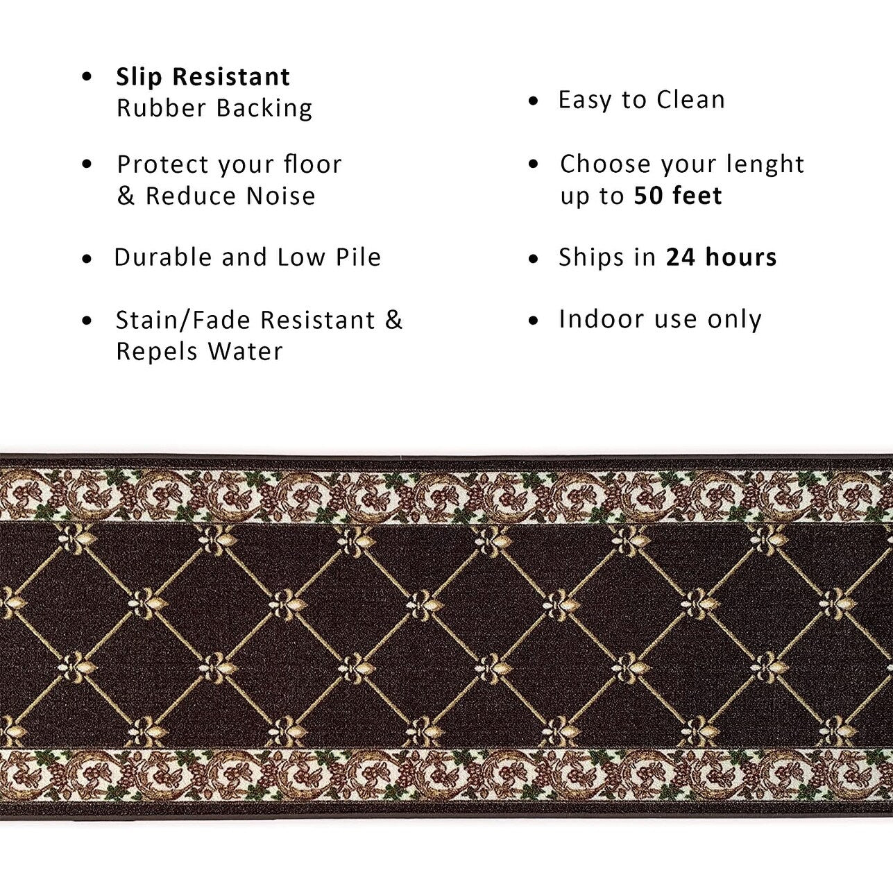 Custom Size Fleur De Lis 26 Inch Wide Non-Slip Stair Runner Rug