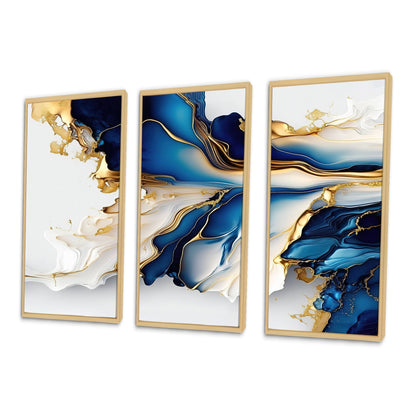 Designart Abstract Geode Gold And Blue Marble Shape III Modern Geometric Framed Canvas Art Print - 3 Panels