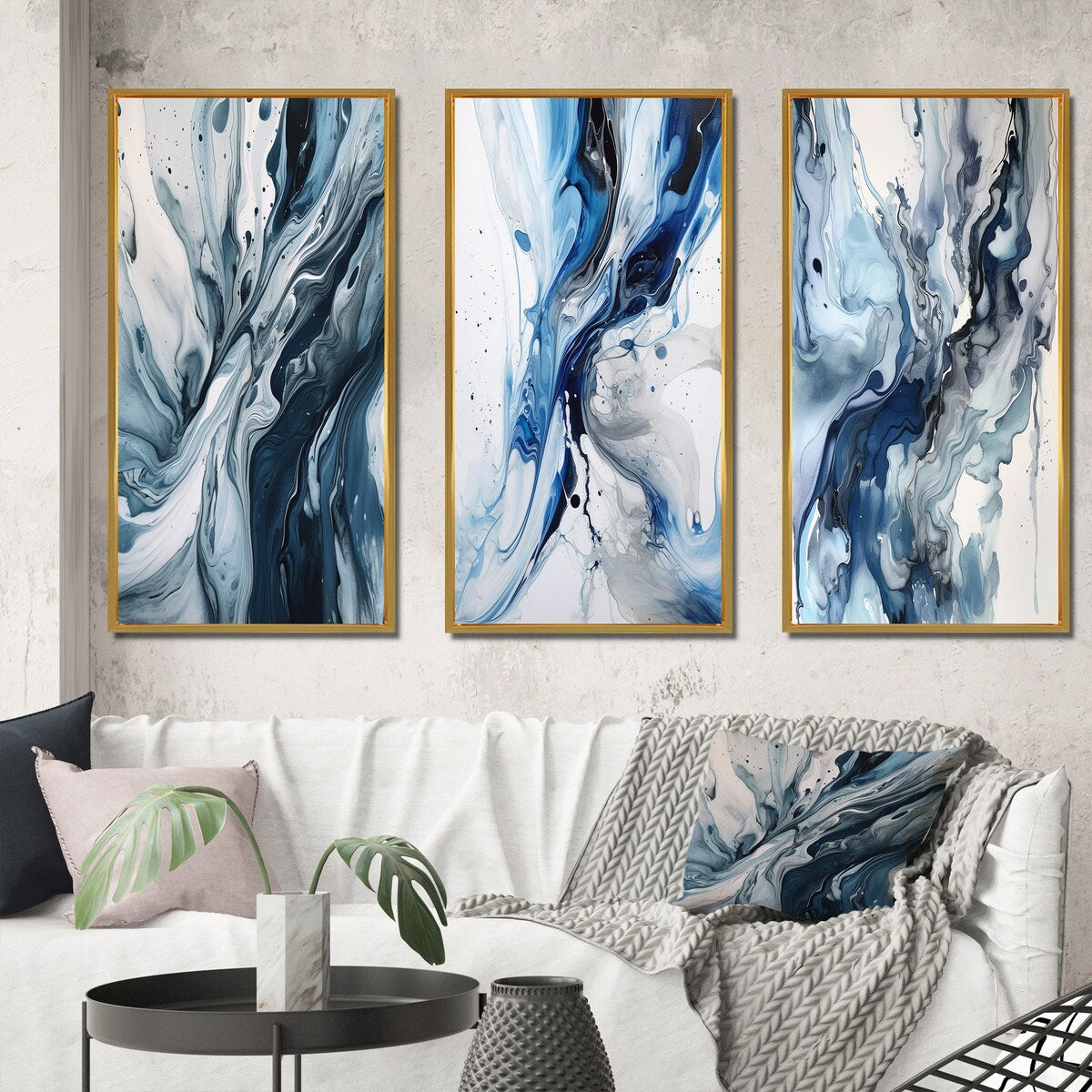 Designart Blue And Grey Ethereal Elixir III Abstract Framed Wall Art Set Of 3 Frame Canvas Set For Living Room Decor