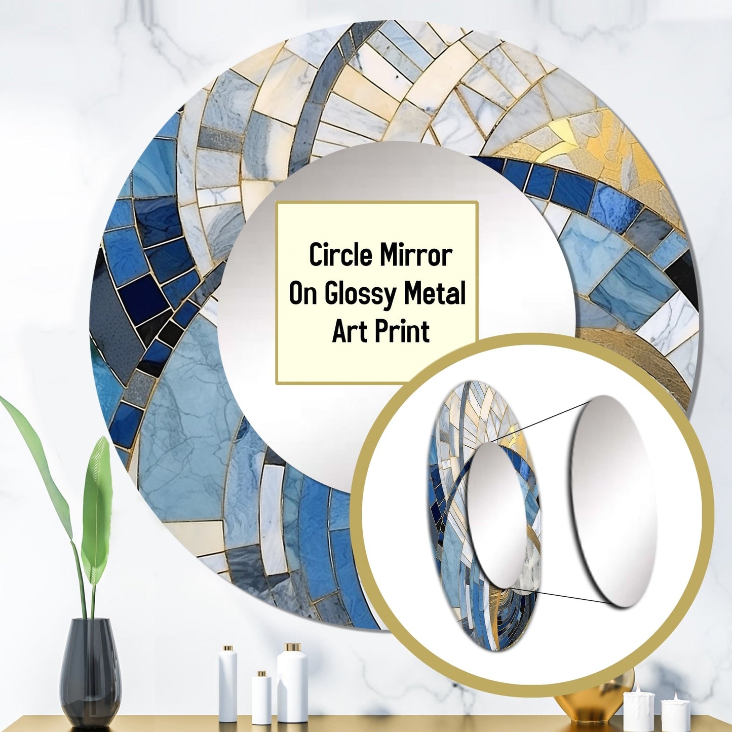 Miroir rond Designart Gold Constructing Blue Realms I Formes abstraites - Miroir de salon bleu moderne
