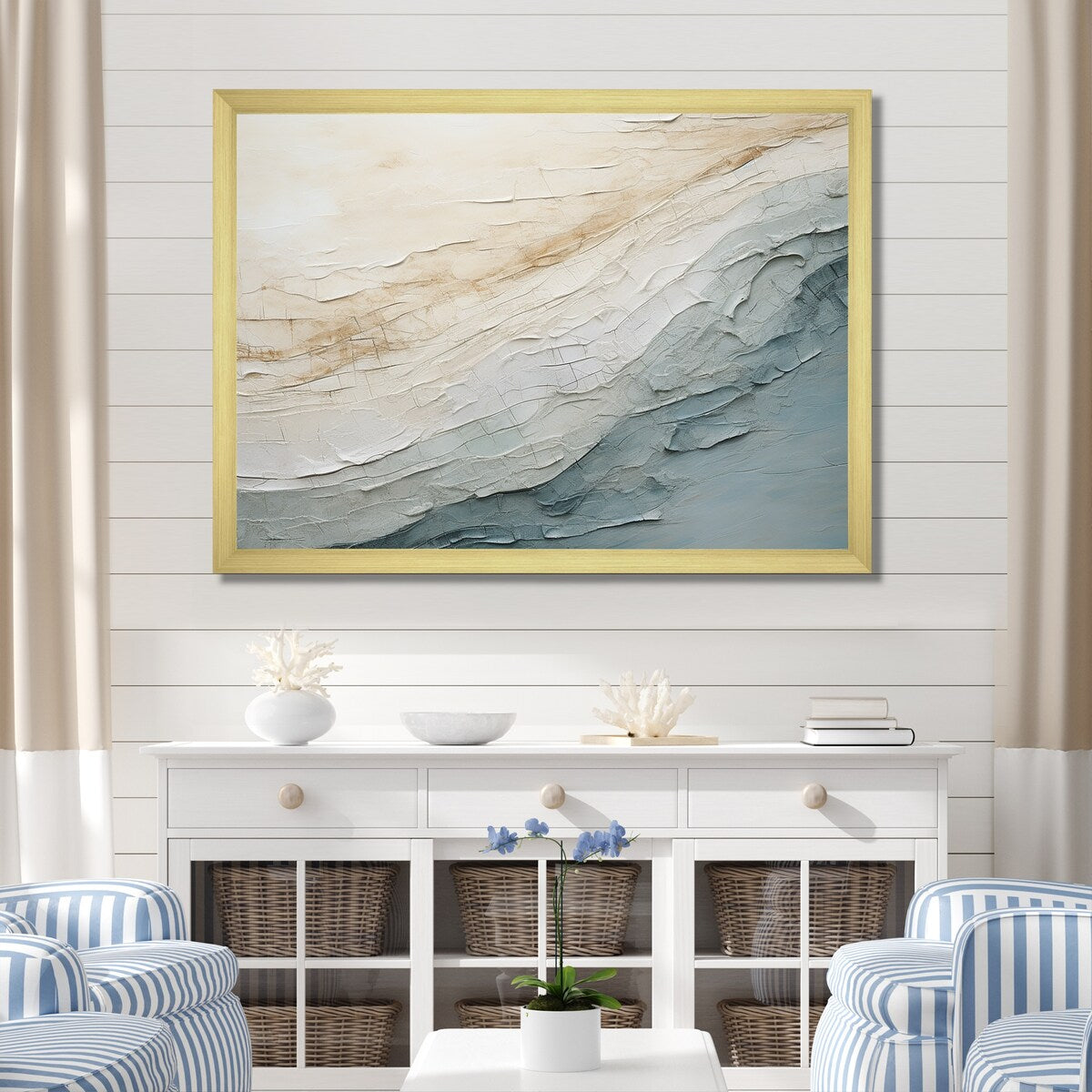 Designart Minimalism Beige And Grey Wave Horizon I Coastal Minimalism Framed Wall Decor