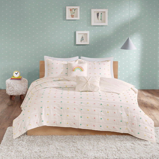 Parure de lit en jacquard de coton à pompons Ensley pour enfants, design intelligent, avec coussins décoratifs