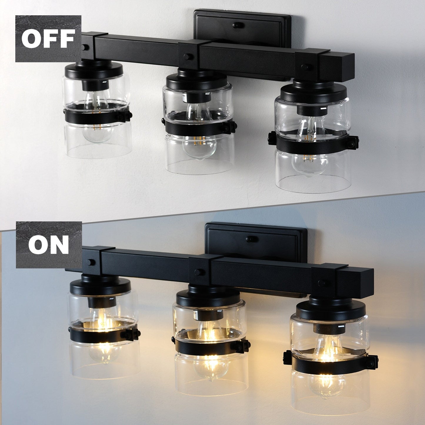 Applique murale de salle de bain ExBrite Farmhouse à 3 lumières, en fer noir à intensité variable