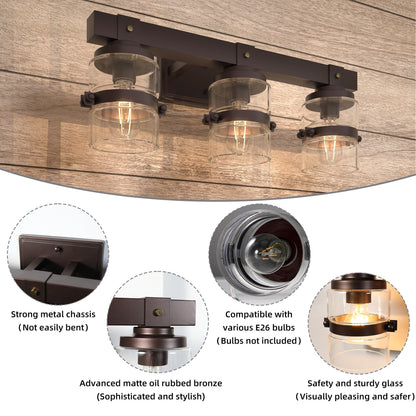 Applique murale de salle de bain ExBrite Farmhouse à 3 lumières, en fer noir à intensité variable