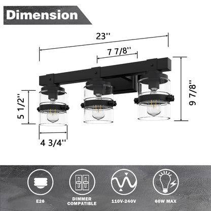 Applique murale de salle de bain ExBrite Farmhouse à 3 lumières, en fer noir à intensité variable