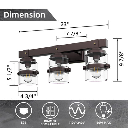 Applique murale de salle de bain ExBrite Farmhouse à 3 lumières, en fer noir à intensité variable