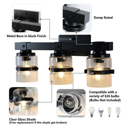 Applique murale de salle de bain ExBrite Farmhouse à 3 lumières, en fer noir à intensité variable