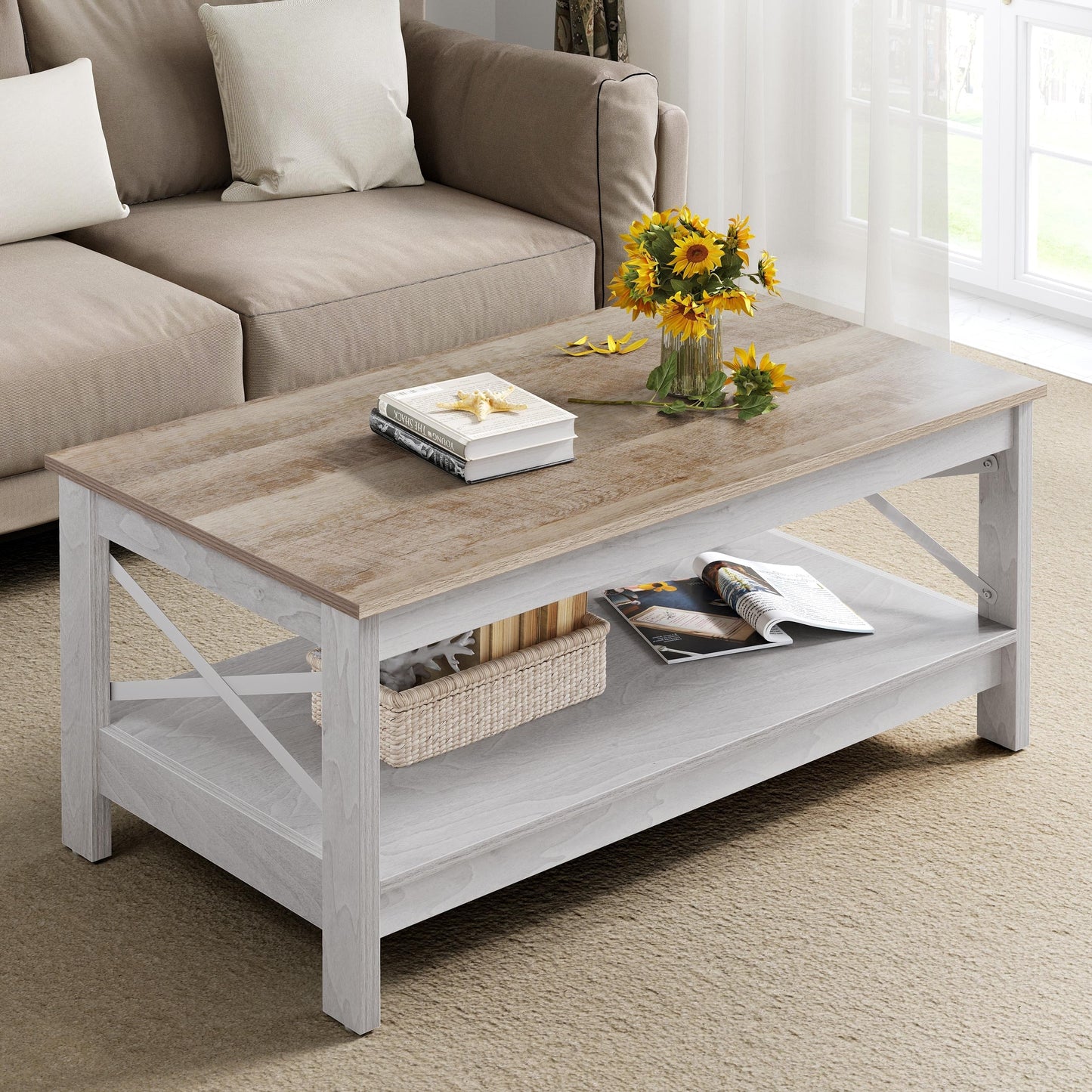 Farmhouse Coffee Table with Storage 2-Tier Center Table for Living Room