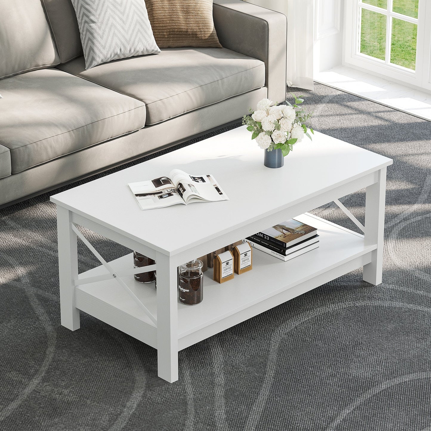 Farmhouse Coffee Table with Storage 2-Tier Center Table for Living Room