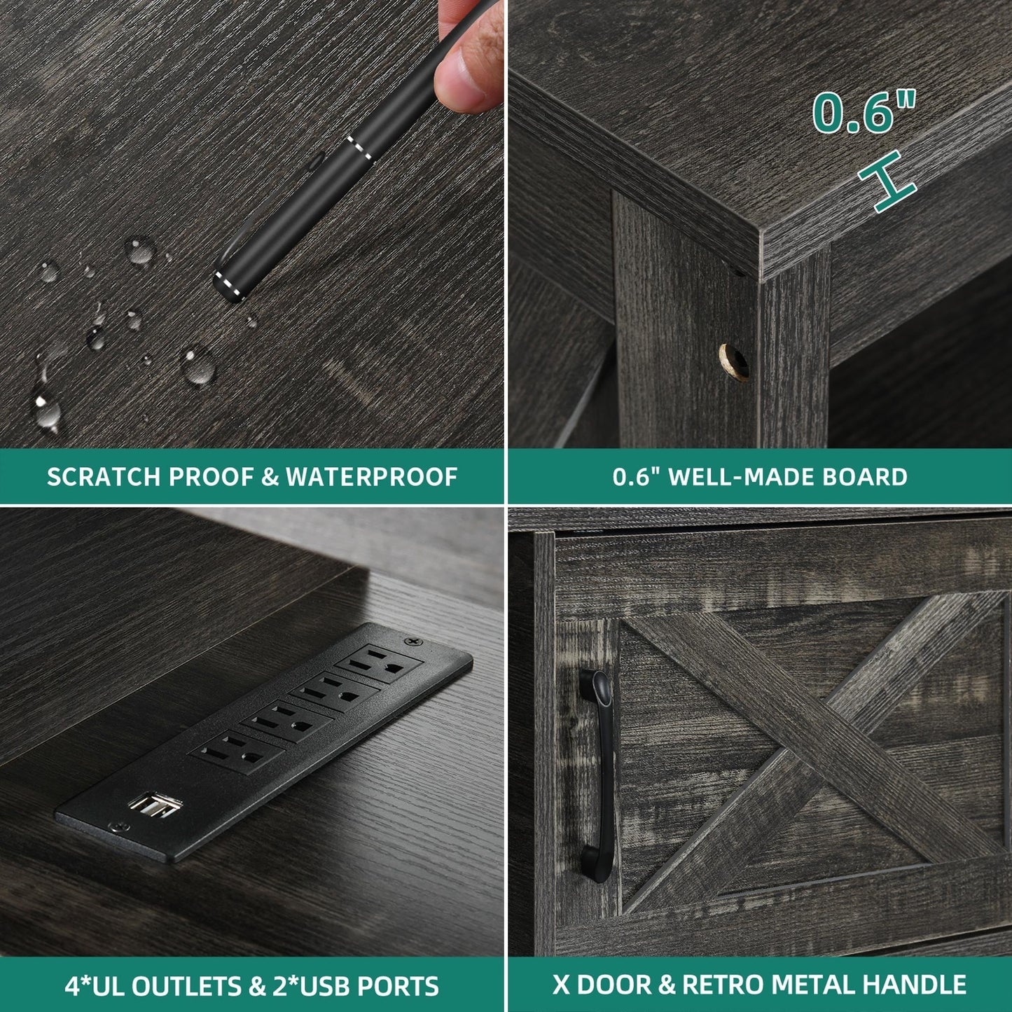 Meuble TV Farmhouse pouvant accueillir jusqu'à 65 téléviseurs avec portes et étagères ouvertes Console multimédia Prise de courant