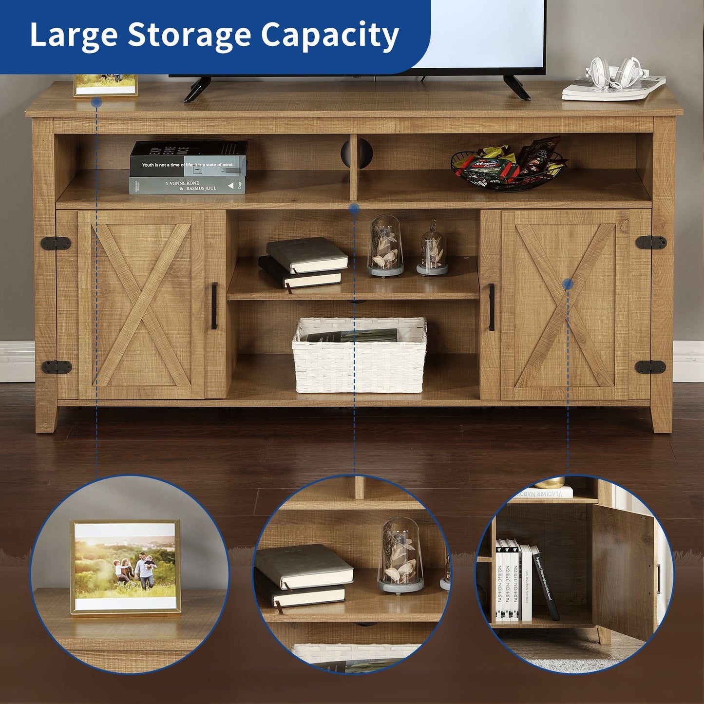 Meuble TV Farmhouse pouvant accueillir jusqu'à 65 téléviseurs avec portes et étagères ouvertes Console multimédia Prise de courant