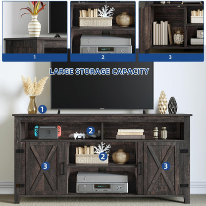 Meuble TV Farmhouse pouvant accueillir jusqu'à 65 téléviseurs avec portes et étagères ouvertes Console multimédia Prise de courant