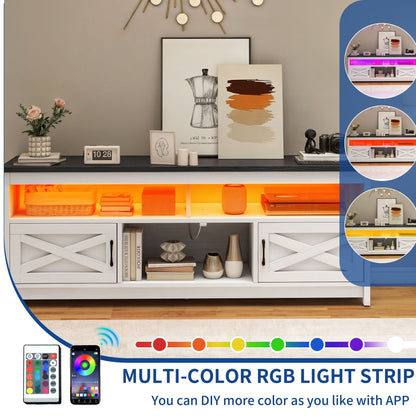 Meuble TV Farmhouse pouvant accueillir jusqu'à 65 téléviseurs avec portes et étagères ouvertes Console multimédia Prise de courant